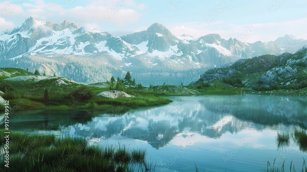 A serene alpine lake with a reflection of the surrounding mountains.