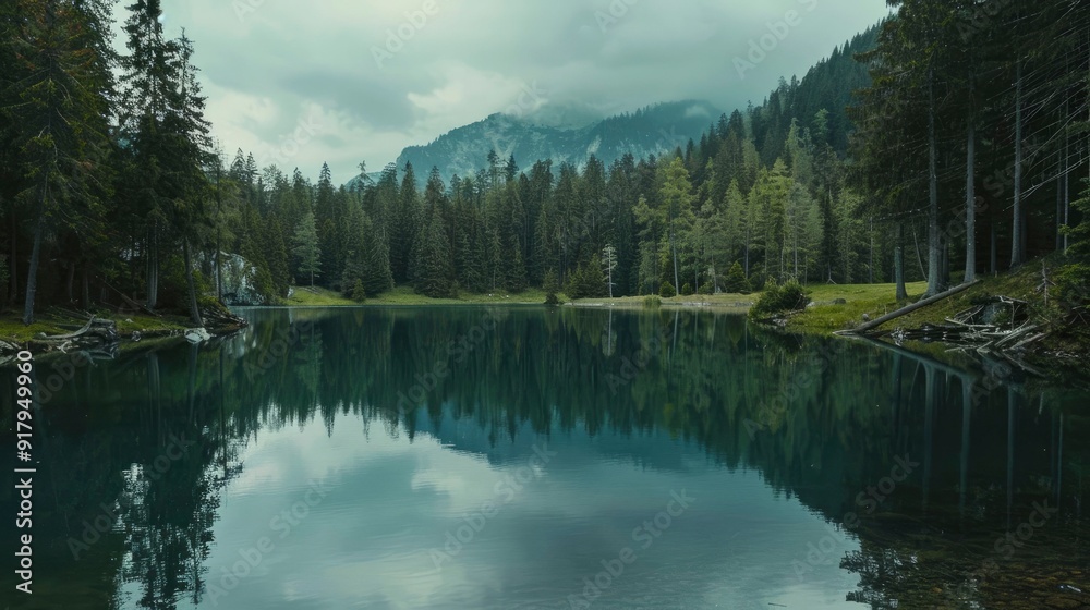 A serene alpine lake with a reflection of surrounding pine trees. A serene alpine lake with a reflection of surrounding pine trees.