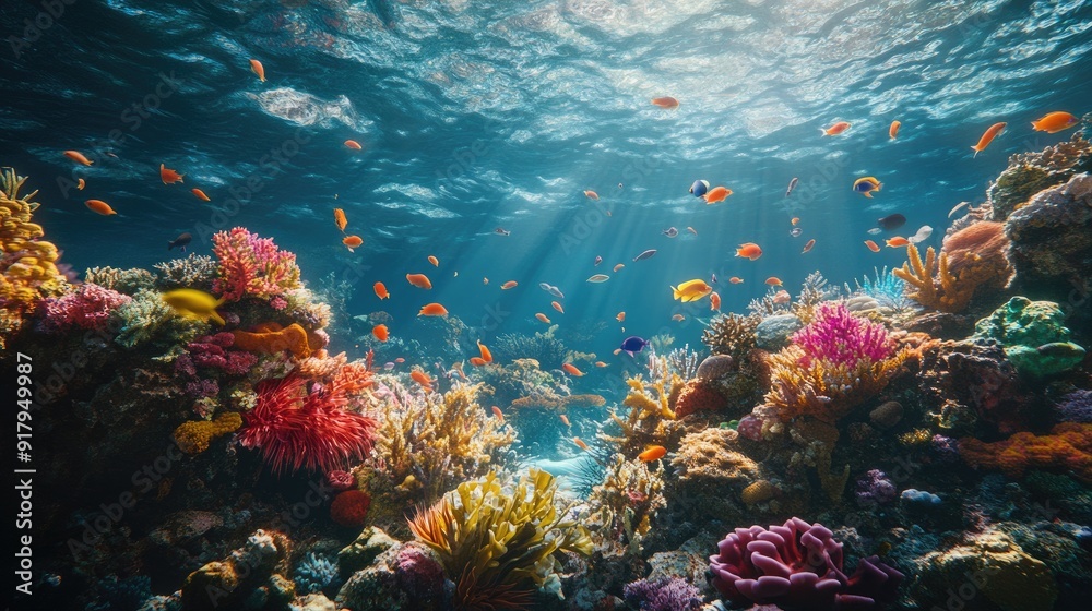 The beauty of underwater nature, with a diverse array of sea life thriving in a clear, blue ocean environment.