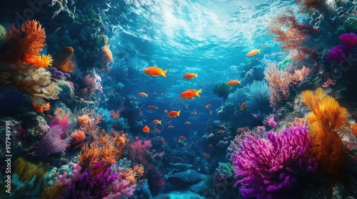 The beauty of the tropical undersea world, with a dynamic ecosystem of coral reefs and diverse marine life.