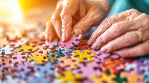 Senior hands assembling colorful jigsaw puzzle pieces
