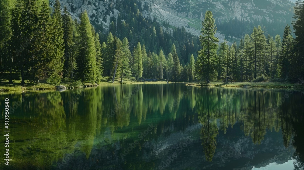 A serene alpine lake with a reflection of pine trees. A serene alpine lake with a reflection of pine trees.