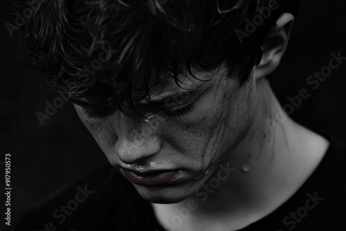 Contemplative young man with freckles in thoughtful pose