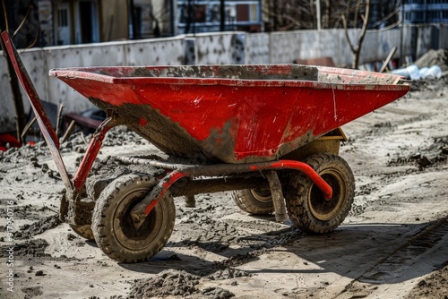 Laying paving stones on the sidewalk. Two-wheeled wheelbarrow for transporting cement and other heavy loads. Beautiful simple AI generated image in 4K, unique.