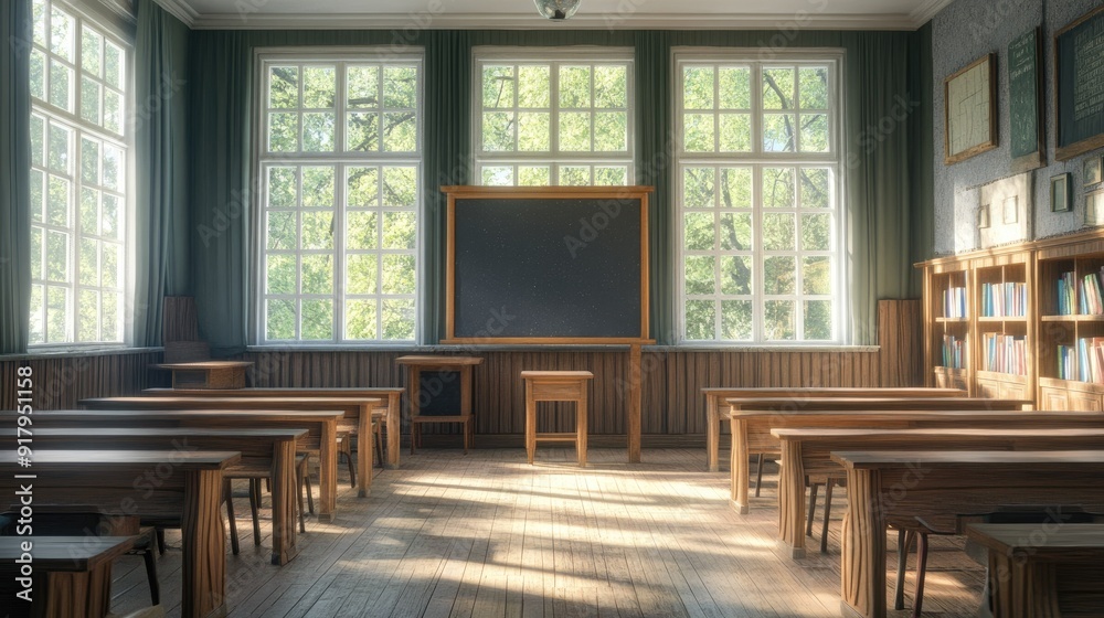The interior of an old-school classroom, with wooden furniture and floors, large windows, and a chalkboard at the front. The interior of an old-school classroom, with wooden furniture and floors, large windows, and a chalkboard at the front.