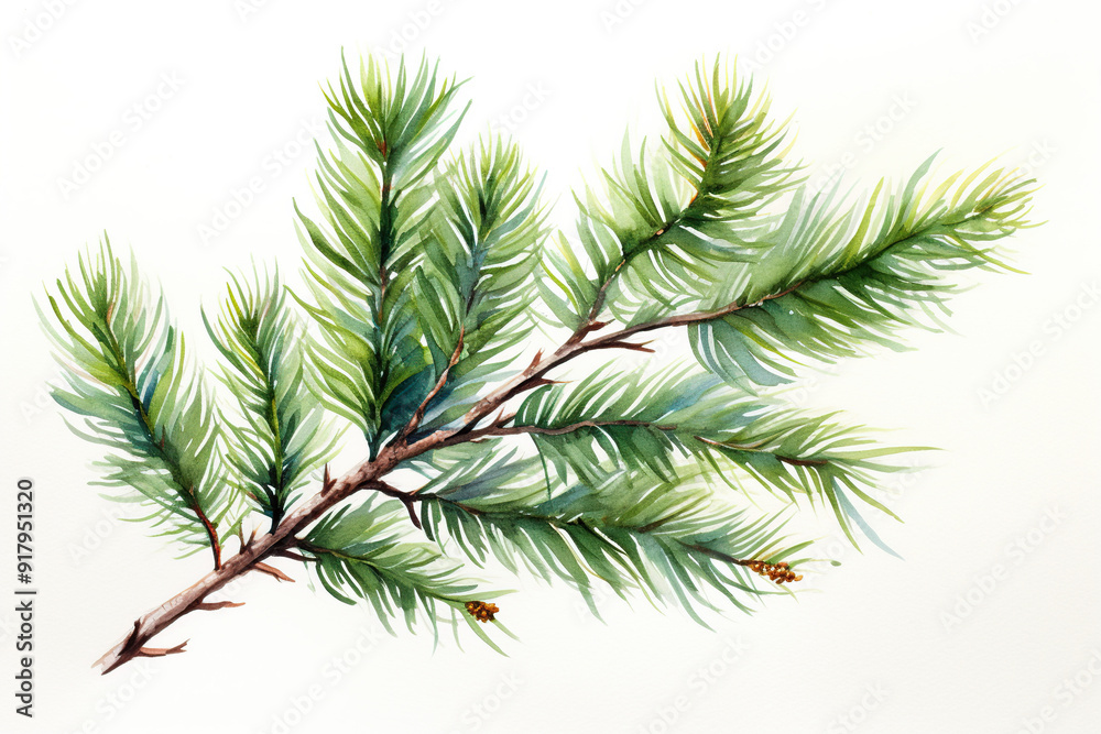 Naklejka premium Watercolor fir tree branches on white background