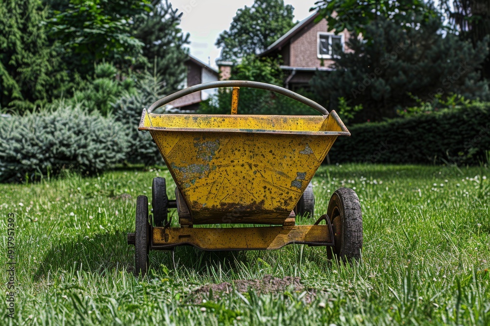 Fototapeta premium Laying paving stones on the sidewalk. Two-wheeled wheelbarrow for transporting cement and other heavy loads. Beautiful simple AI generated image in 4K, unique.