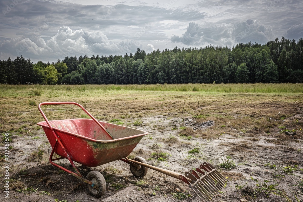 Laying paving stones on the sidewalk. Two-wheeled wheelbarrow for transporting cement and other heavy loads. Beautiful simple AI generated image in 4K, unique. Laying paving stones on the sidewalk. Two-wheeled wheelbarrow for transporting cement and other heavy loads. Beautiful simple AI generated image in 4K, unique.