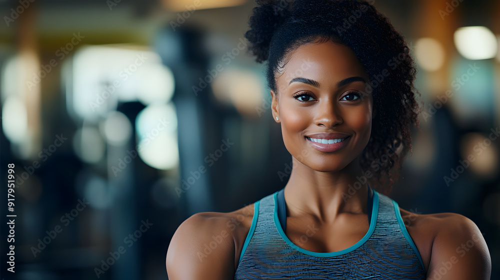 Muscular black woman in sportswear, fitness trainer smiling and looking at the camera in the background of the gym. Muscular black woman in sportswear, fitness trainer smiling and looking at the camera in the background of the gym.