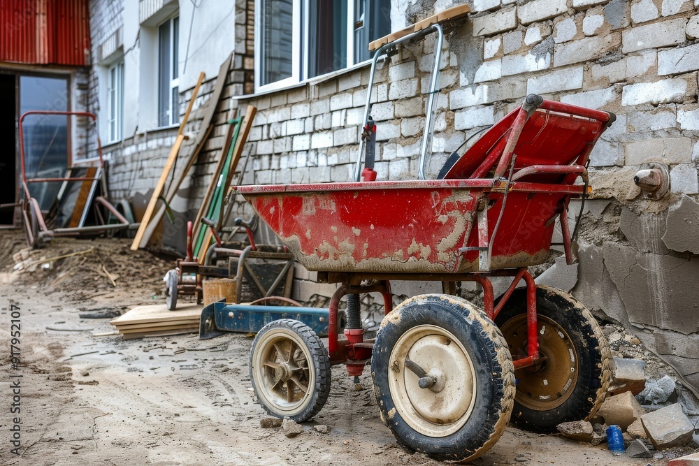 Fototapeta premium Laying paving stones on the sidewalk. Two-wheeled wheelbarrow for transporting cement and other heavy loads. Beautiful simple AI generated image in 4K, unique.