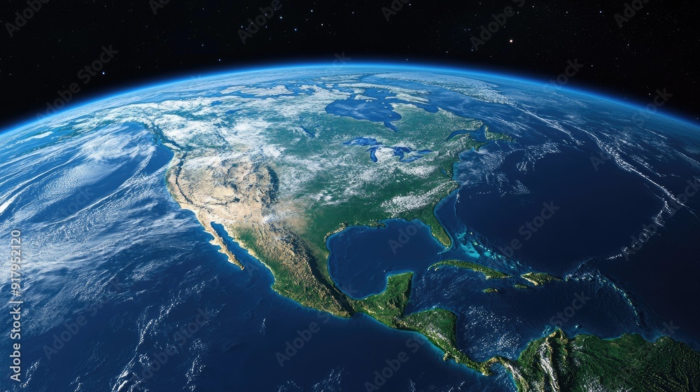 The North American continent as seen from space, with clear skies, visible landmasses, and the surrounding oceans. The North American continent as seen from space, with clear skies, visible landmasses, and the surrounding oceans.