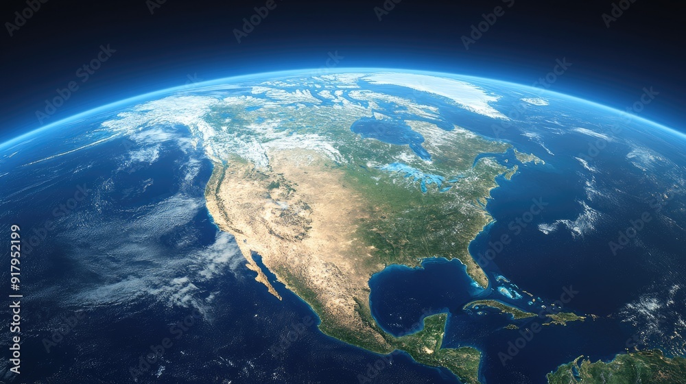 The North American continent as seen from space, with clear skies, visible landmasses, and the surrounding oceans. The North American continent as seen from space, with clear skies, visible landmasses, and the surrounding oceans.