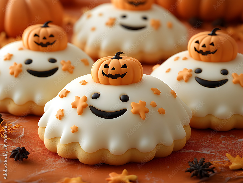 Halloween-Kekse mit Gespenst und Kürbis, made by AI Halloween-Kekse mit Gespenst und Kürbis, made by AI