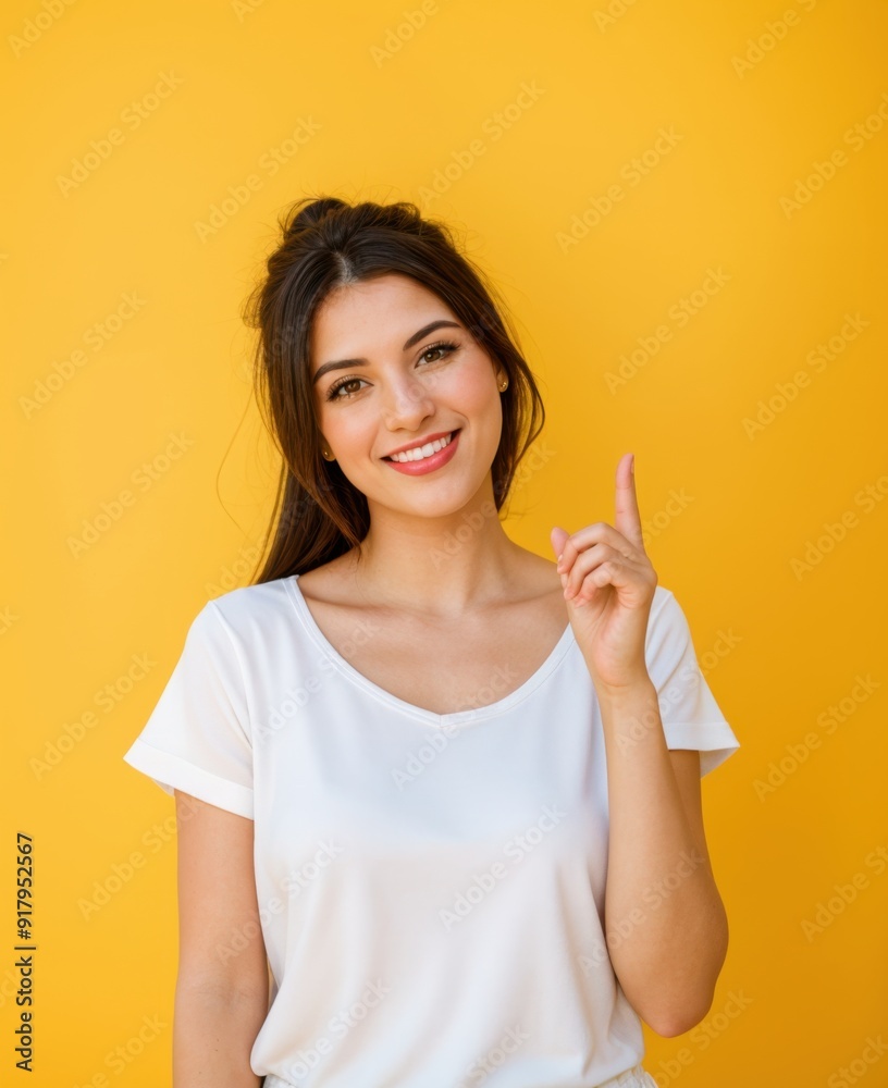 Beaming lady points upward against bright yellow backdrop Beaming lady points upward against bright yellow backdrop