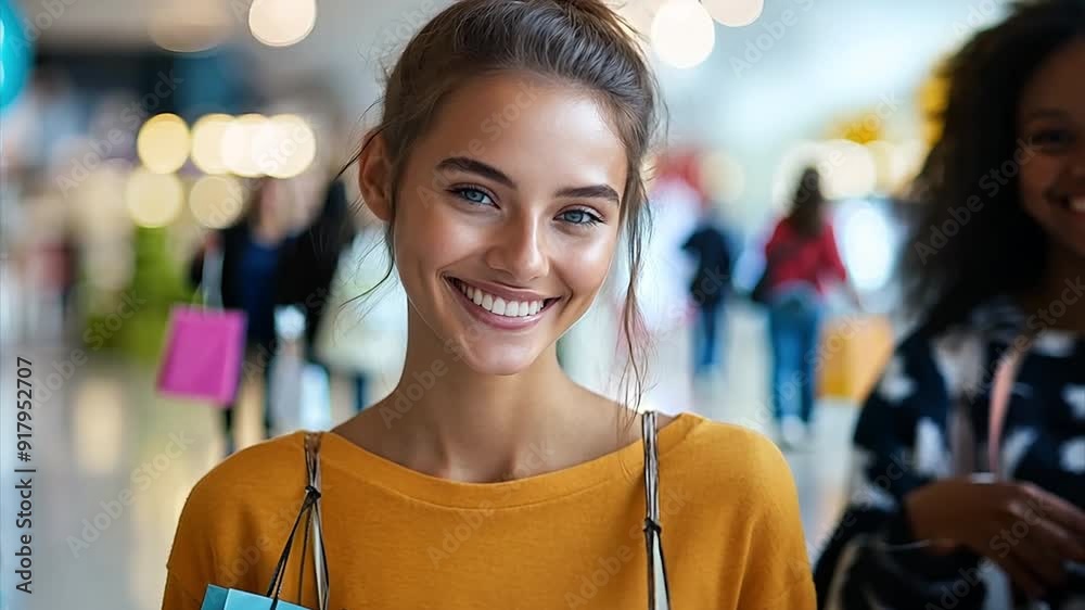 Portrait of pretty young woman walking down with shopping bags on the mall Portrait of pretty young woman walking down with shopping bags on the mall