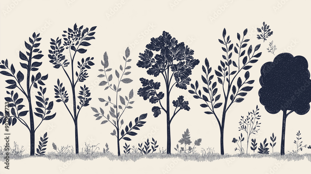 Obraz premium landscape with trees, hand drawn vector illustration of trees and leaves