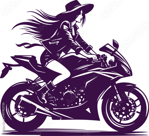 silhouette design of young girl riding stylish motorbike for tshirt design