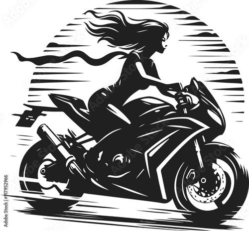 silhouette design of young girl riding stylish motorbike for tshirt design