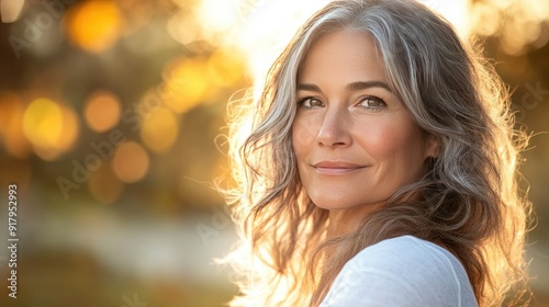 A 50-year-old woman with graceful aging and radiant skin, captured in natural light.