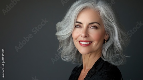 A beautiful 50-year-old woman with elegant gray hair and a captivating smile.