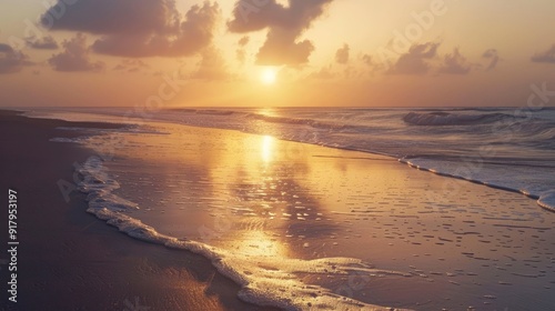 Wallpaper Mural A serene beach at sunrise with soft golden light. Torontodigital.ca