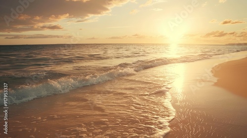 A serene beach at sunrise with soft golden light.