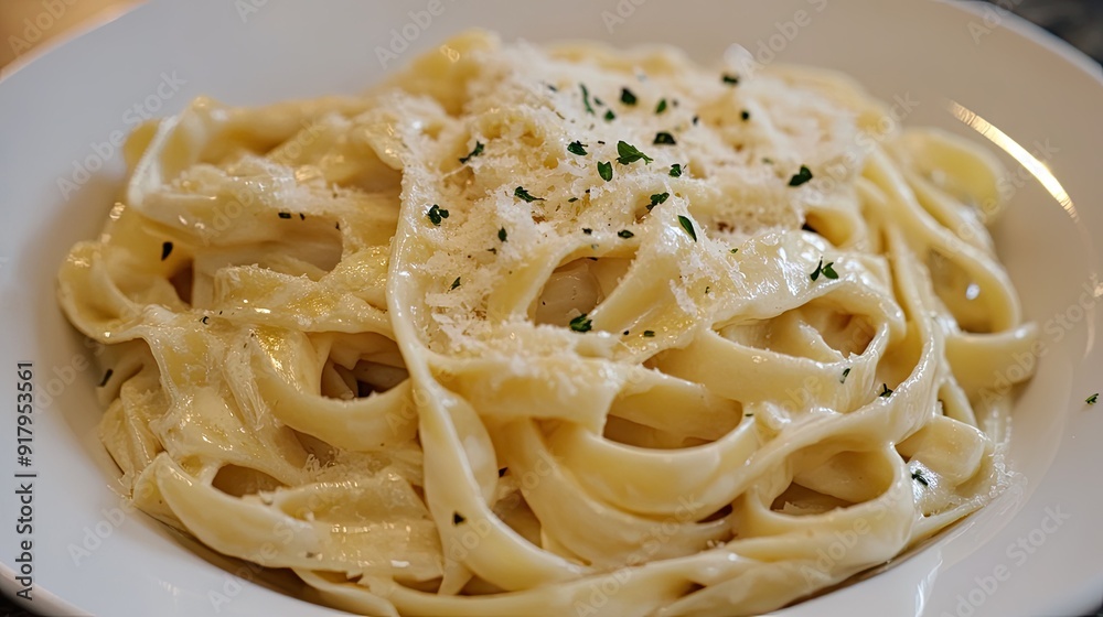 A beautifully plated dish of fettuccine alfredo with a creamy garlic sauce. A beautifully plated dish of fettuccine alfredo with a creamy garlic sauce.
