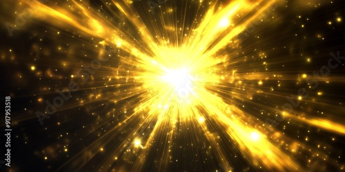 Dynamic Cosmic Eruption: A Radiant Golden Solar Burst on a Black Background with Glaring Digital Flares and Color-Tuned Light Rays.