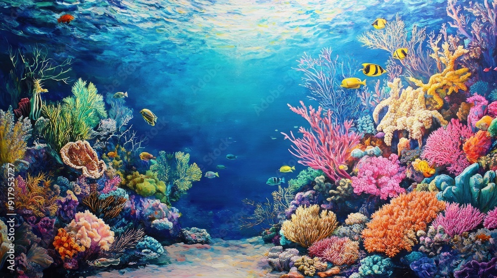 Fototapeta premium The vibrant life of a coral reef in the sea, with colorful corals and fish creating a lively underwater landscape.