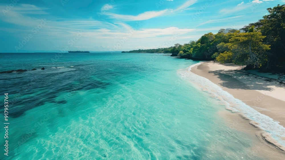 A serene beach with clear turquoise water and white sand. A serene beach with clear turquoise water and white sand.