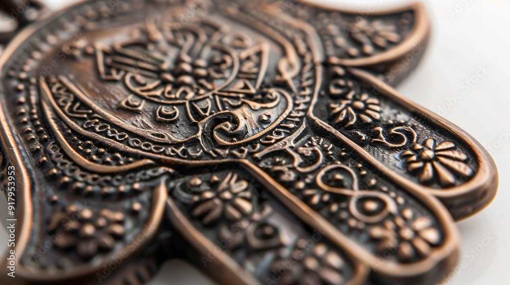 Close-Up of an Intricate Hamsa Pendant with Detailed Symbols on a White Background Close-Up of an Intricate Hamsa Pendant with Detailed Symbols on a White Background