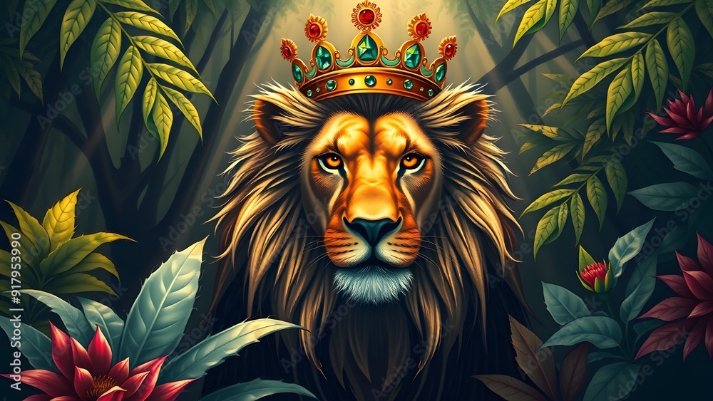 Powerful Lion Wearing Ornate Crown in Dense Jungle - Realistic Illustration Powerful Lion Wearing Ornate Crown in Dense Jungle - Realistic Illustration