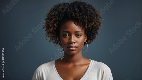 Confident Gaze: A powerful portrait of a young Black woman with a captivating gaze, radiating strength and self-assurance. Her natural beauty and poise command attention. 