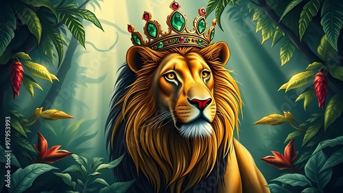 Powerful Lion Wearing Ornate Crown in Dense Jungle - Realistic Illustration