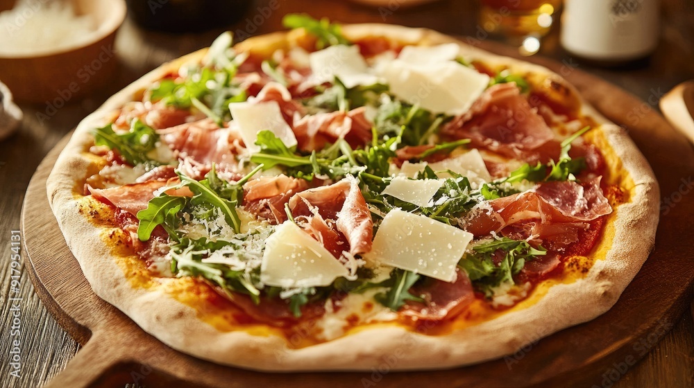 A detailed shot of a gourmet pizza with prosciutto, arugula, and shaved parmesan. A detailed shot of a gourmet pizza with prosciutto, arugula, and shaved parmesan.