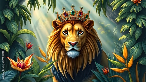 Powerful Lion Wearing Ornate Crown in Dense Jungle - Realistic Illustration