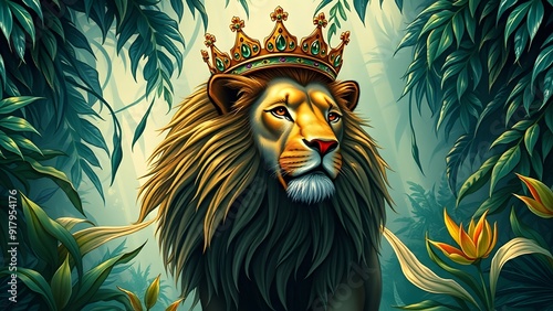 Powerful Lion Wearing Ornate Crown in Dense Jungle - Realistic Illustration