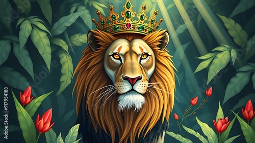 Powerful Lion Wearing Ornate Crown in Dense Jungle - Realistic Illustration