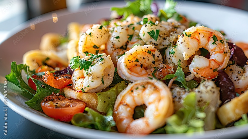 A detailed shot of a seafood salad with calamari, shrimp, and mixed greens. A detailed shot of a seafood salad with calamari, shrimp, and mixed greens.