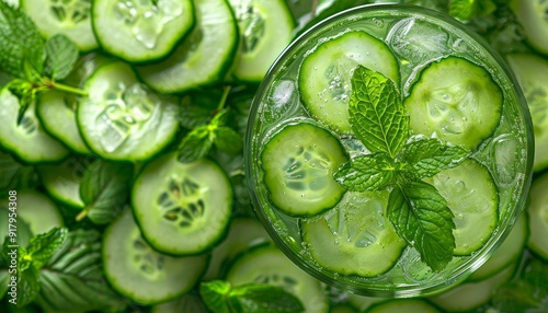 Refreshing cucumber and mintinfused water, drink banner, detox drink photo