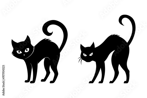 Set of silhouettes black cat, on white background. Vector