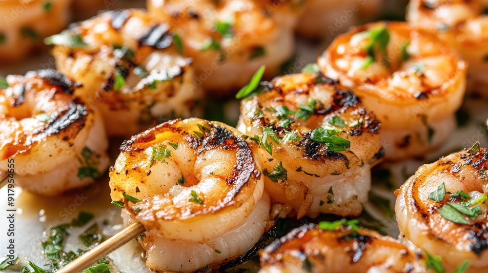 A detailed shot of grilled shrimp skewers with herbs and garlic butter. A detailed shot of grilled shrimp skewers with herbs and garlic butter.