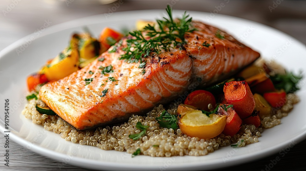 A gourmet salmon fillet served with quinoa and roasted vegetables on a white plate. A gourmet salmon fillet served with quinoa and roasted vegetables on a white plate.