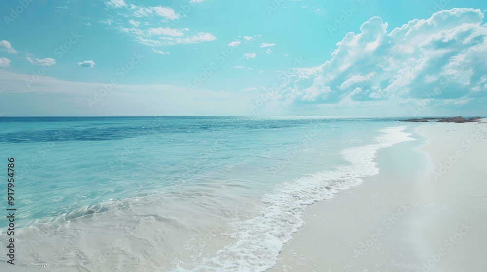 A serene beach with white sand and crystal-clear water under a clear sky.