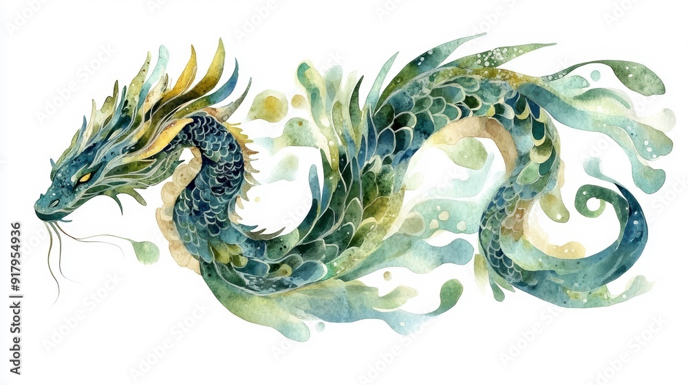 A vibrant watercolor illustration of a dragon, showcasing flowing lines and a blend of green hues, capturing the essence of mythical creatures and dynamic movement, isolated on white background A vibrant watercolor illustration of a dragon, showcasing flowing lines and a blend of green hues, capturing the essence of mythical creatures and dynamic movement, isolated on white background