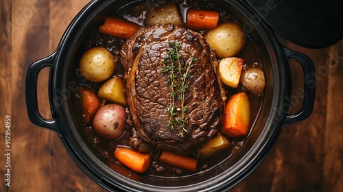 The slow cooker contains beef, vegetables and herbs. The well done meat is on top, surrounded by carrots, potatoes and green beans. There is some thick brown sauce around them