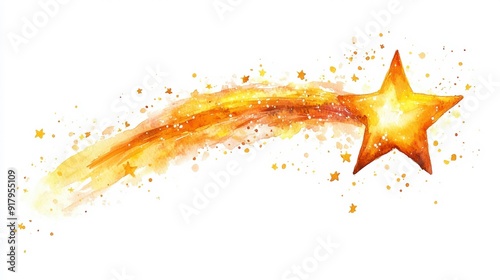 A vibrant watercolor illustration of a shooting star, featuring a bright star with a trailing comet-like tail and scattered golden specks, isolated on white background