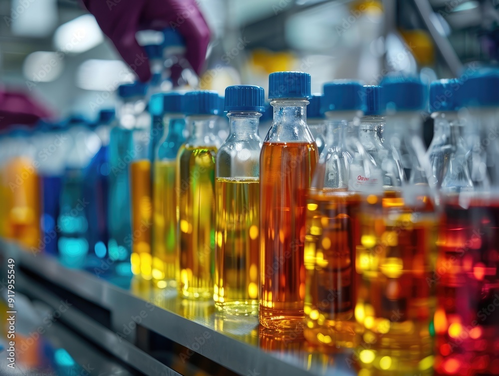 A row of colorful liquids in glass bottles on a conveyor belt in a laboratory setting. A row of colorful liquids in glass bottles on a conveyor belt in a laboratory setting.