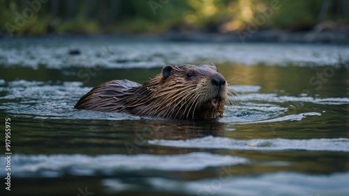Beaver Swimming in a Serene Canadian Forest River