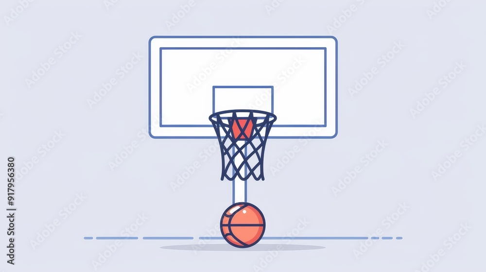 A basketball hoop with a net and ball, 2D vector, minimalist style, clean and basic lines, no background detail A basketball hoop with a net and ball, 2D vector, minimalist style, clean and basic lines, no background detail